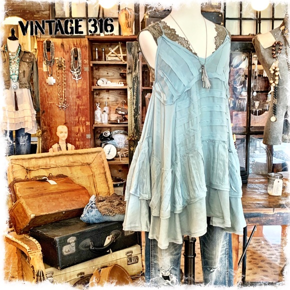 Vintage 316 Tops - Slip Dress - Asymmetrical Ruffle - Blue